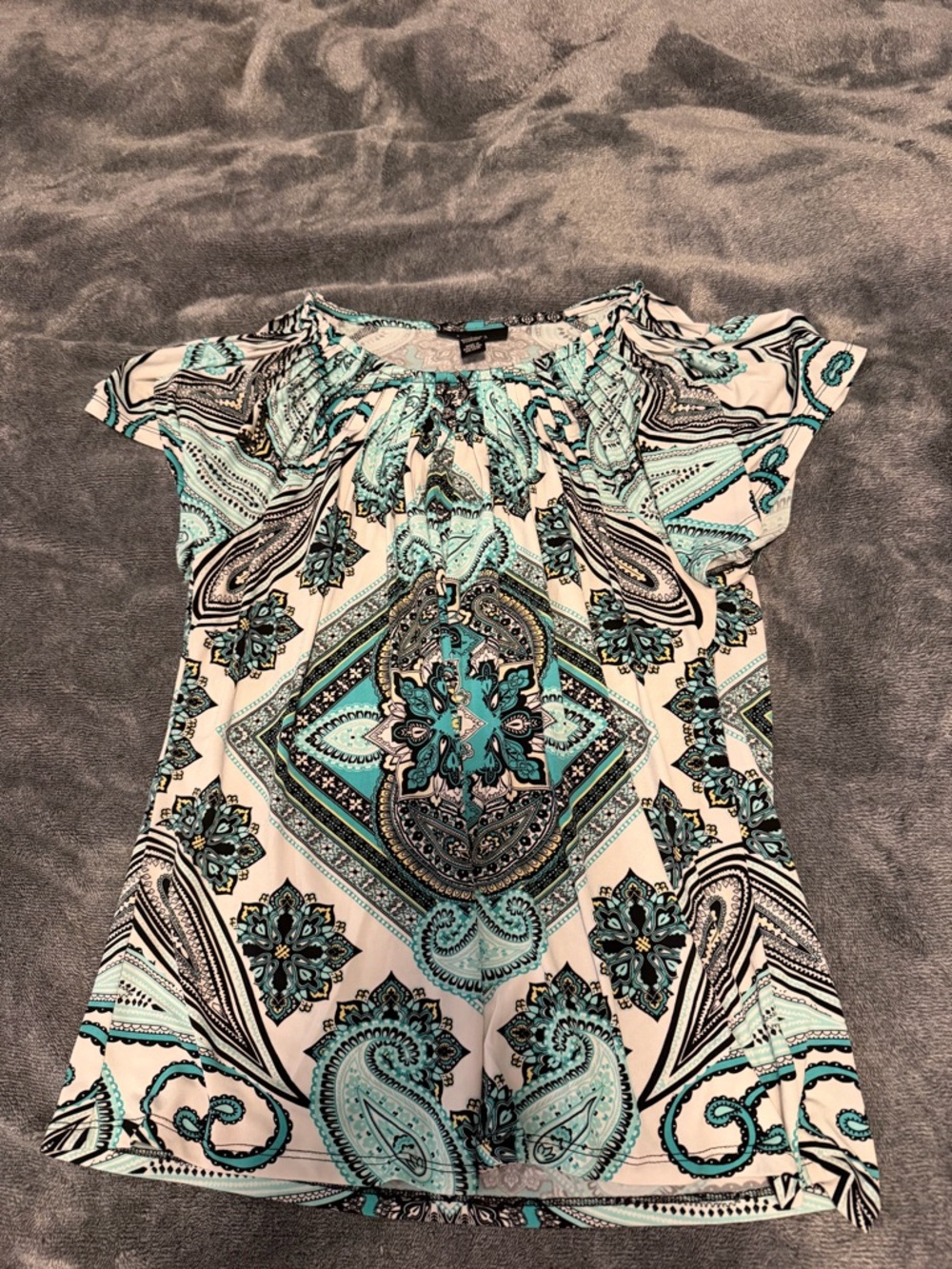 Style & Co. Teal and White Paisley Short Sleeve Blouse